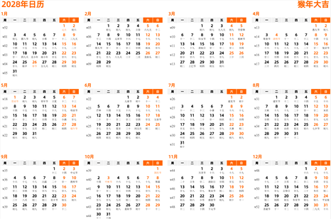 日历表2028年